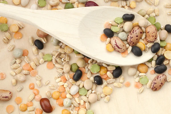 Assorted beans in wooden spoon — Stock Photo, Image