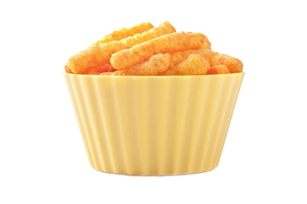 Cheese puffs in yellow plastic bowl — Stock Photo, Image