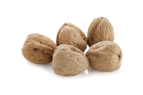 Five walnuts on a white background — Stock Photo, Image