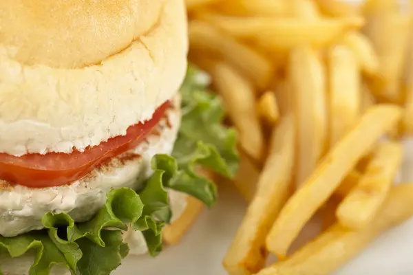 Makró kép hamburger és sült krumplival — Stock Fotó