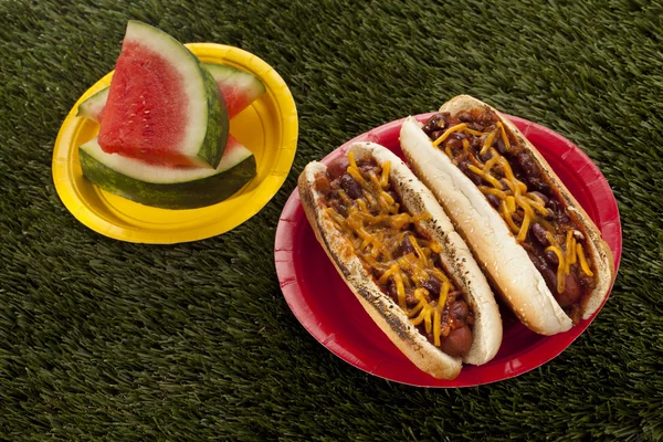 Sanduíches de cachorro-quente e melancia — Fotografia de Stock