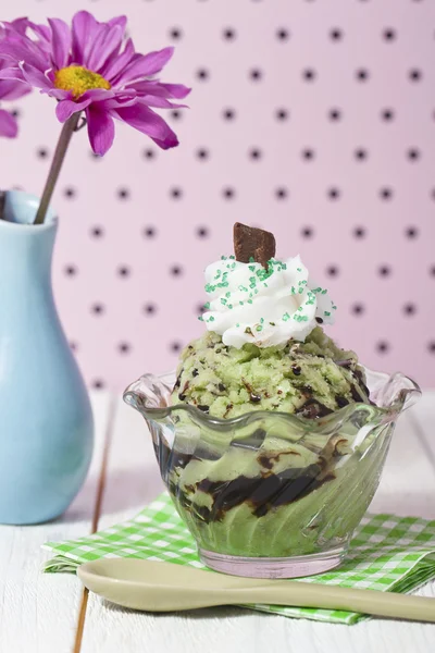 Мятное мороженое с расплавленным шоколадом — стоковое фото
