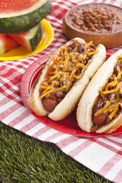 Deux sandwichs chili hot-dog grillés dans une assiette — Photo