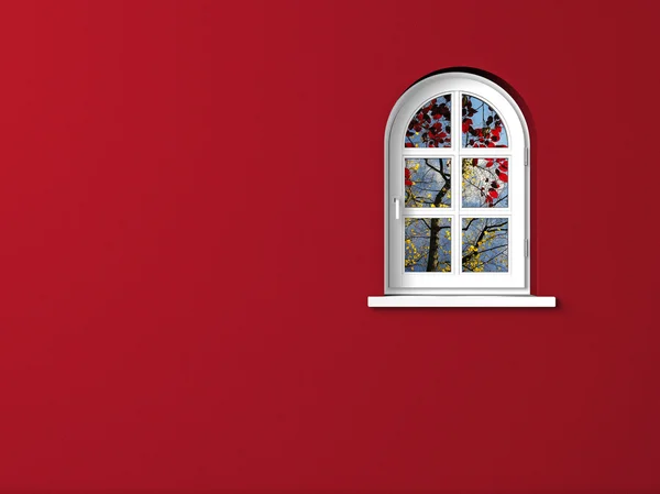 Weiße Fenster rote Wand — Stockfoto