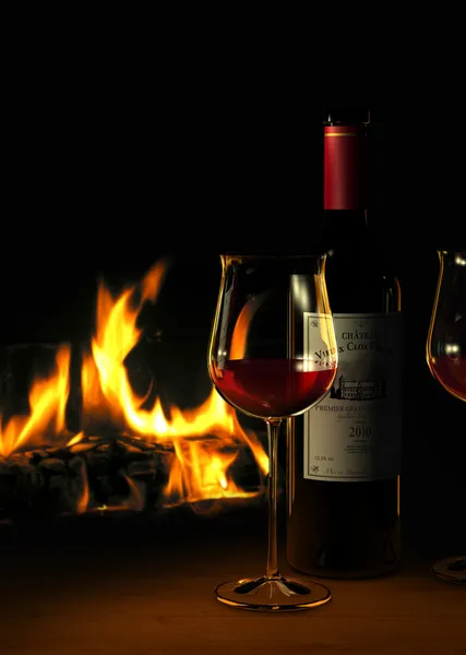 Red wine and fire place — Stock Photo, Image