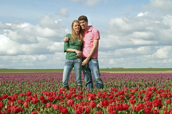 快乐对年轻夫妇在来自荷兰的郁金香字段 — 图库照片