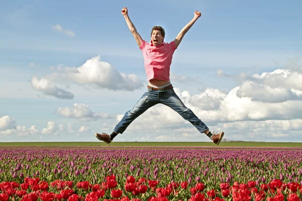 若い enthousiastic です男のチューリップ畑からジャンプします — ストック写真