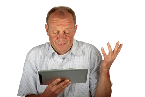 Verbaasd zakenman met zijn tablet pc — Stockfoto