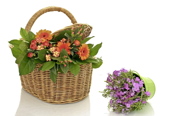 Bouquet of flowers in a wicker basket on a white background — Stock Photo, Image