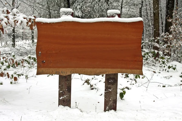 Wooden sign in the woods in winter — Stock Photo, Image