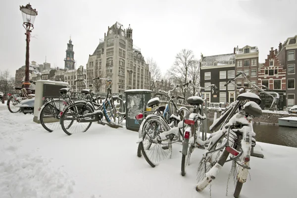 Verschneite fahrräder im stadtzentrum, amsterdam — Stockfoto