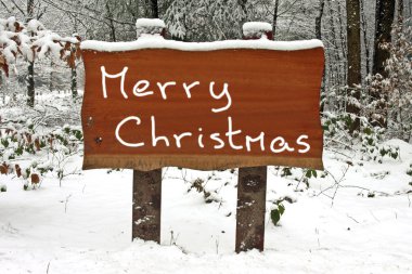 Merry Christmas written on a snowy wooden sign in winter