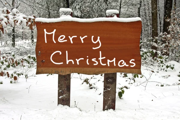 Feliz Natal escrito em um sinal de madeira nevado no inverno — Fotografia de Stock