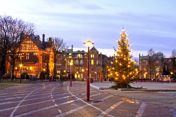 Julgran på dammen palace i amsterdam Nederländerna på twilight — Stockfoto