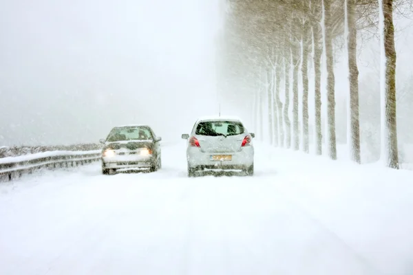 Hollanda 'da kar fırtınasında kar küreme aracı sürüyor — Stok fotoğraf