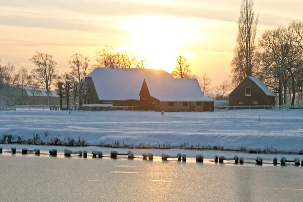 Снежный дом в голландском зимнем пейзаже — стоковое фото