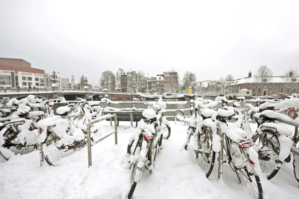 Bicicletas nevadas em Amsterdam innercity nos Países Baixos — Fotografia de Stock