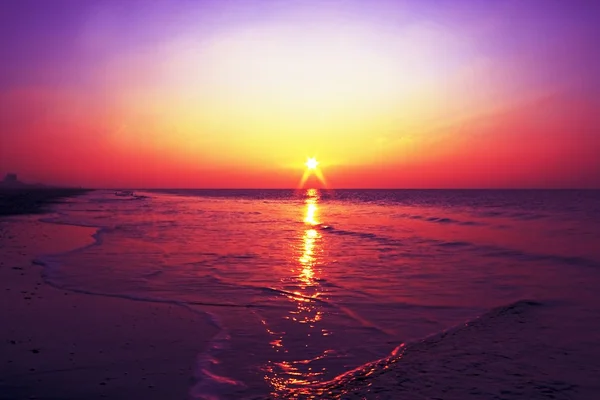 Ein romantischer lila-roter Sonnenuntergang an der Küste in den Niederlanden — Stockfoto