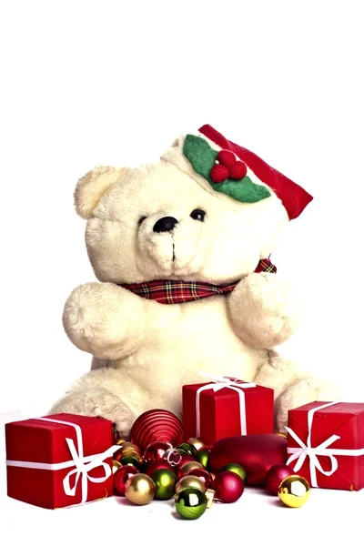 Christmas teddy bear with gifts and ornaments — Stock Photo, Image