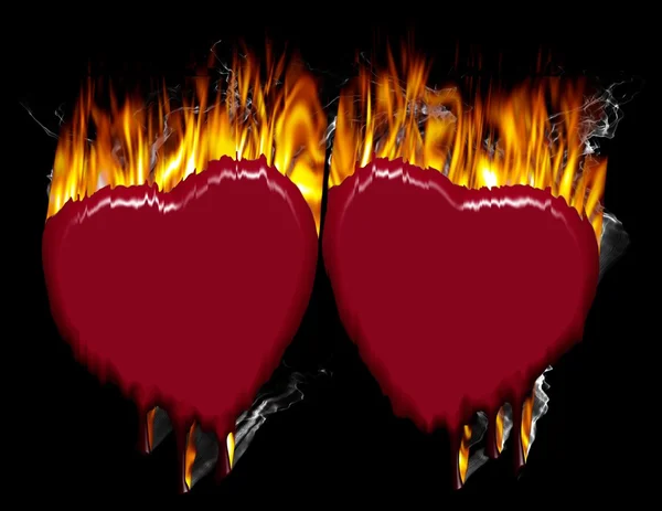 Δύο καρδιές καίγοντας στις φλόγες — Φωτογραφία Αρχείου