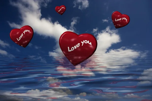 Love you so much. Red hearts flying in the sky — Stock Photo, Image