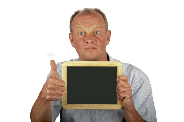 Man with empty blakd board and putting tumbs up — Stock Photo, Image