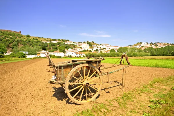 Agricultural area with hand cart with view on Aljezur in Portugal — Stock Photo, Image