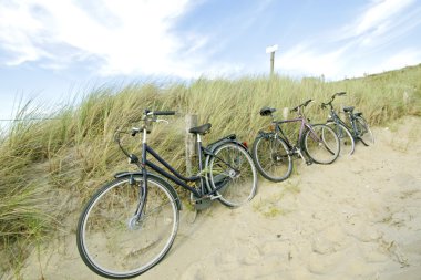 Three bicycles parked against sand dunes clipart