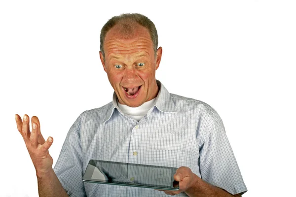 Šťastný muž s jeho ipad tabletový počítač — Stock fotografie