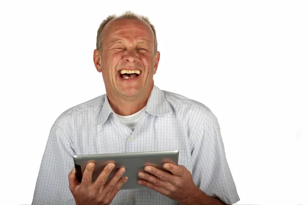 Щаслива людина зі своїм планшетним комп'ютером — стокове фото