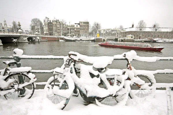 Biciclette innevate nel centro di Amsterdam nei Paesi Bassi — Foto Stock