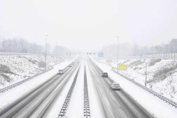 The famous A9 in a snowstorm in winter near Amsterdam the Nether — Stock Photo, Image