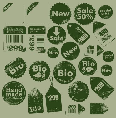 Set of vintage sale, bio and handmade grungy labels - collection clipart