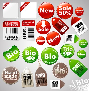 Sale icons and different product labels package clipart