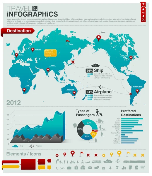Παγκόσμιο χάρτη και ταξιδιωτικές πληροφορίες γραφικά - γραφήματα, σύμβολα, στοιχεία και τη συλλογή εικονίδια για την οικοδόμηση ένα ωραίο infographic — Διανυσματικό Αρχείο