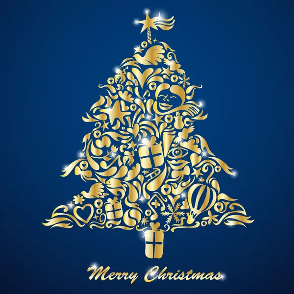 Küçük simgeleri yapılan altın Noel ağacı — Stok Vektör