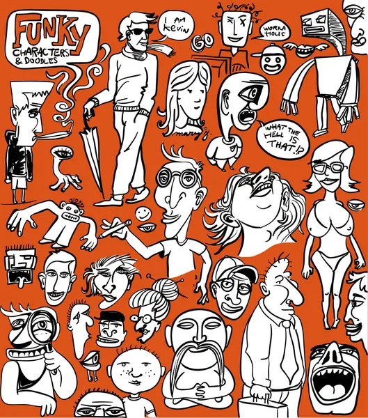 Ensemble de dessins de personnages différents funky — Image vectorielle