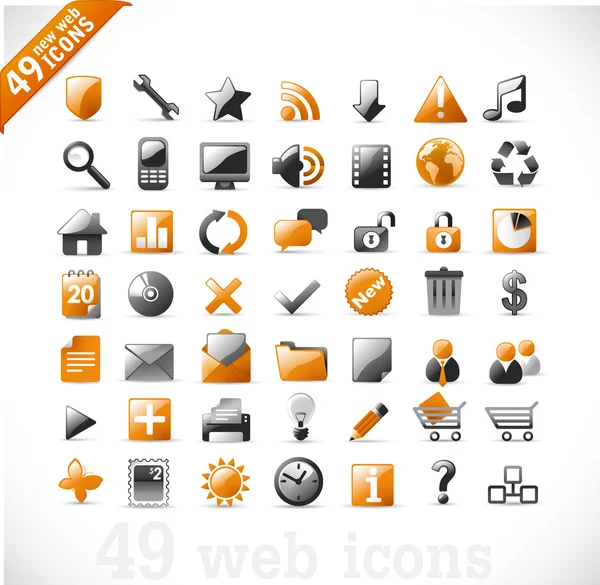 Nieuwe reeks van 49 glanzend web iconen en ontwerpelementen in oranje en grijs — Stockvector