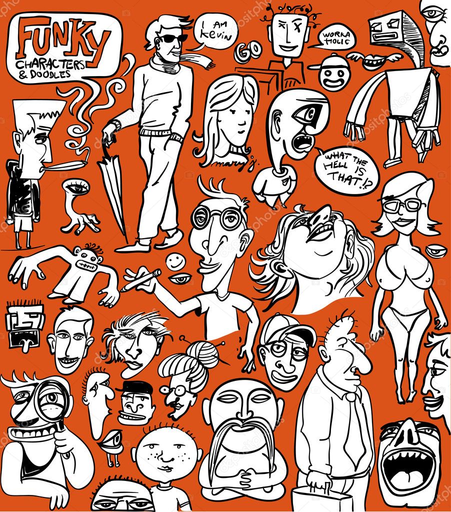 Set of funky various character drawings