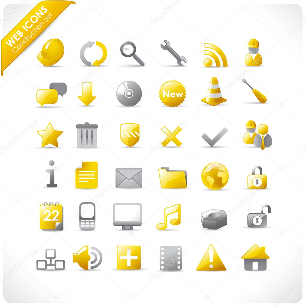New set of 36 glossy web icons in yellow and grey