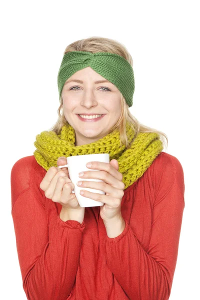 Blond young woman drinking hot chococlate winter — Stock Photo, Image