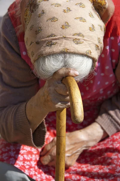 Hände einer alten Frau mit einem Stock lizenzfreie Stockbilder