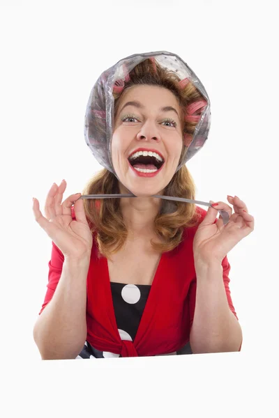 Woman with hair rollers — Stock Photo, Image