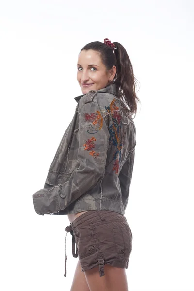 Donna in pantaloncini e giacca — Foto Stock