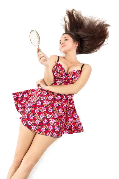 Woman with hand mirror — Stock Photo, Image