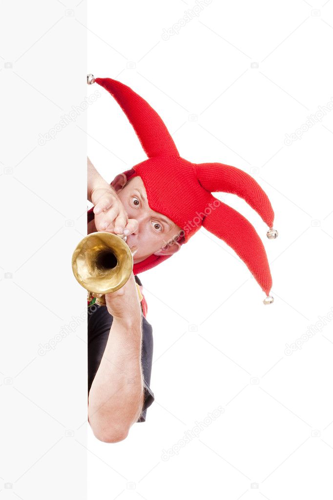 Jester blowing trumpet