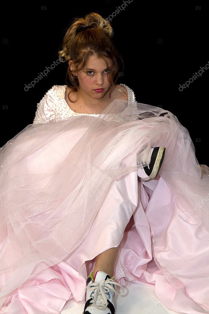 Girl wearing Sneakers/Prom Dress 