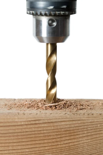 Cropped image of drilling a wood — Stock Photo, Image