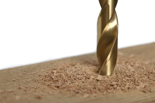 Cropped image of drilling a piece of wood — Stock Photo, Image