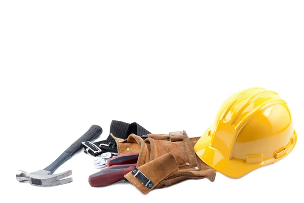 Hardhat hammer tool belt and screw driver — Stock Photo, Image